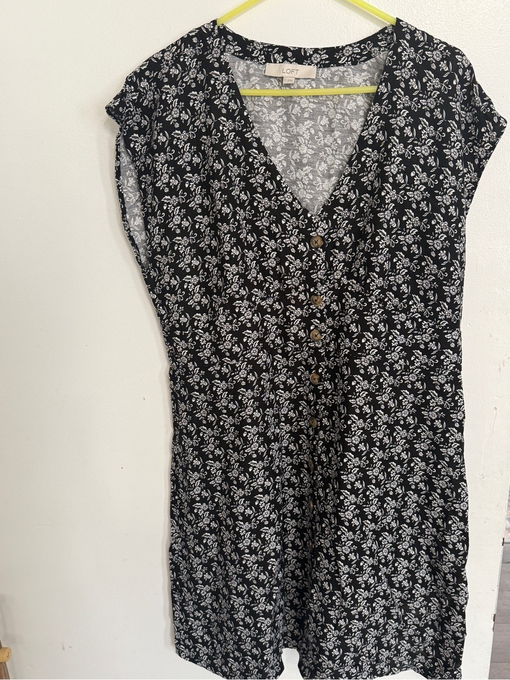 LOFT Black and White Floral Button-Front Mini Dress